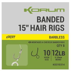 Korum návazec banded hair rigs barbless 8 ks délka 15" - velikost háčku 12